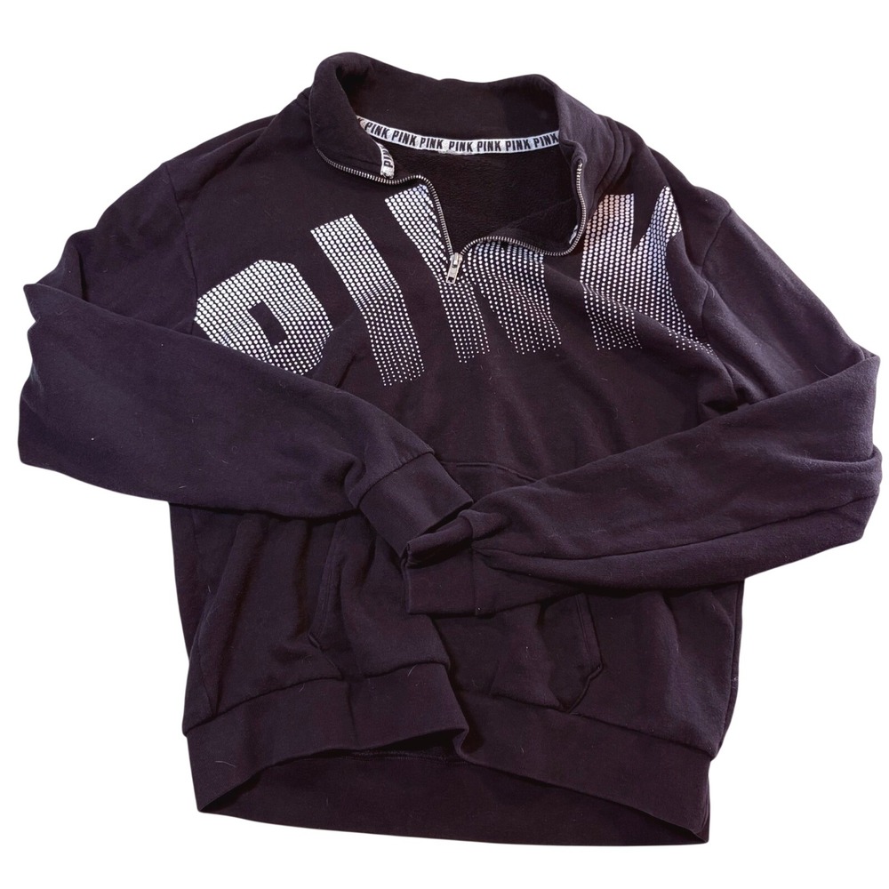Victoria's Secret PINK‎ Black Quarter Zip Pullover Logo Fleece Sweatshirt Womens